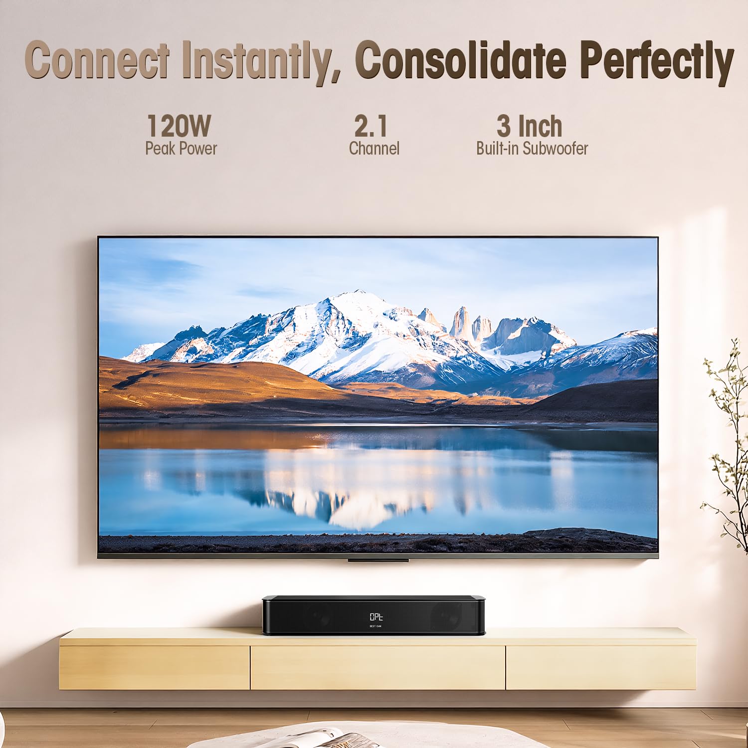 BESTISAN Barre de son 2.1 canaux avec caisson de basses intégré, puissance de crête de 120 W, HDMI ARC/Opt/AUX/USB/Bluetooth 5.3, 3 modes EQ et augmentation du volume, 16,5 pouces tout-en-un pour TV
