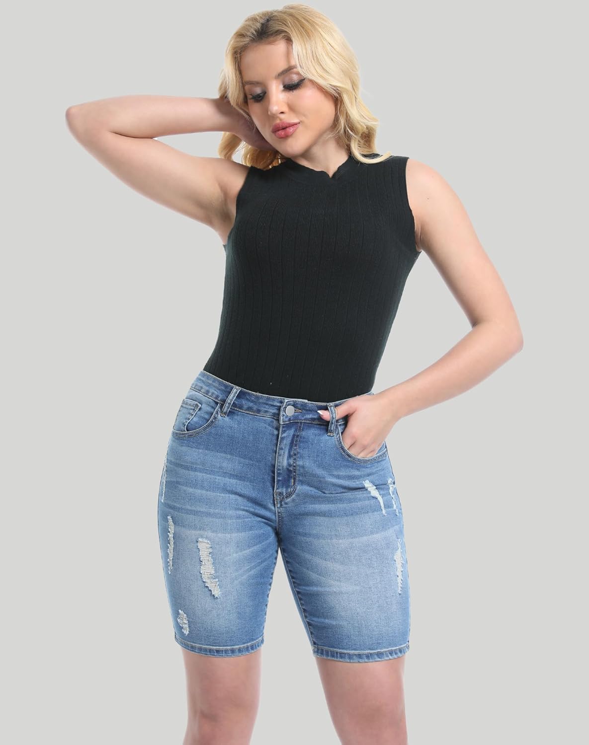 Women's Ripped Stretchy Bermuda Shorts High Waisted Long Denim Jean Shorts - Image 8