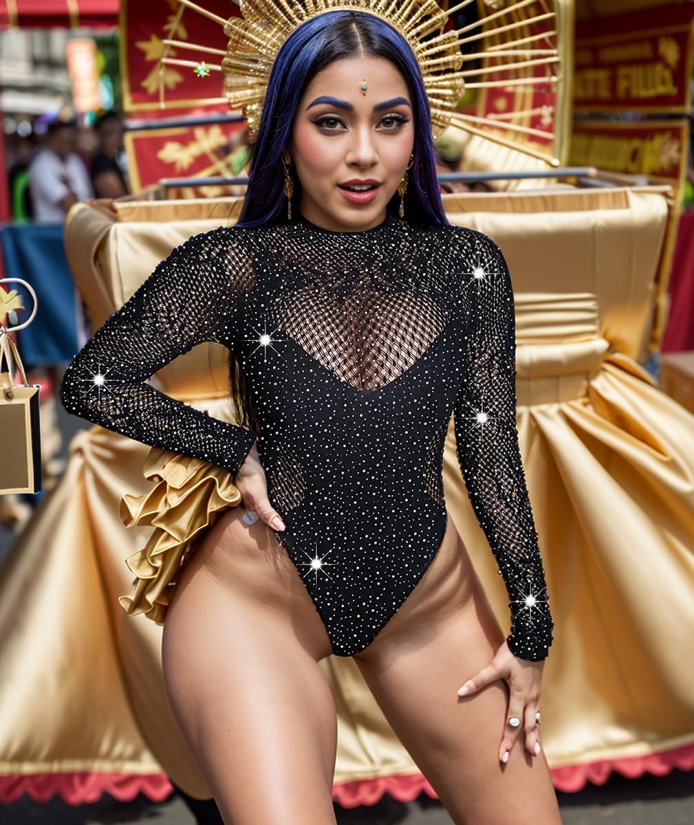 Women's Sexy Lace Body Suit One Piece Lingerie Rhinestone Fishnet Bodysuit Sparkle Party Rave Outfits - Image 4