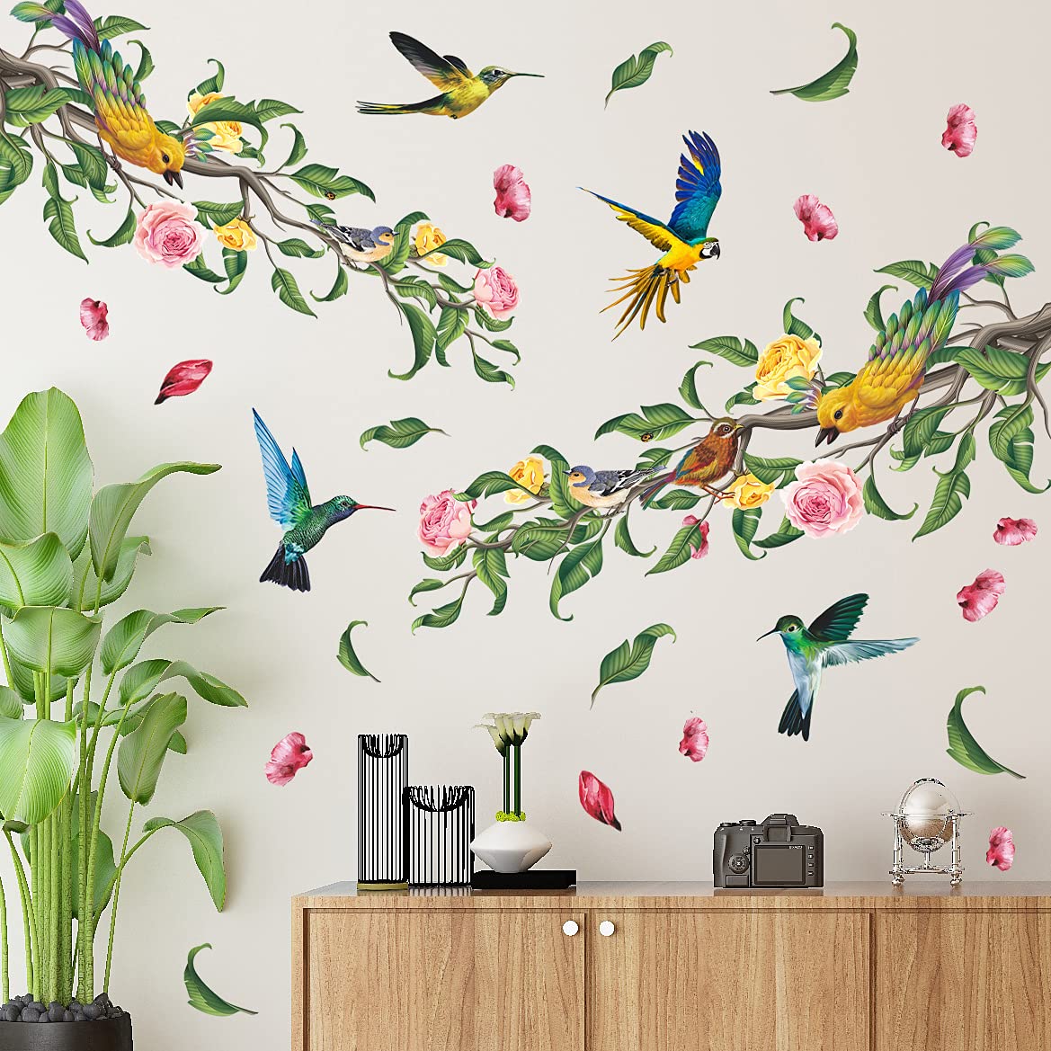 Creative 2 Tree Branches with Flying Birds Wall Stickers Green Leaf and Pink Flower Wall Decals 3D Removable DIY Home Art Decor for Kids Teens Women Bedroom Living Room Nursery Wall Corner Decoration