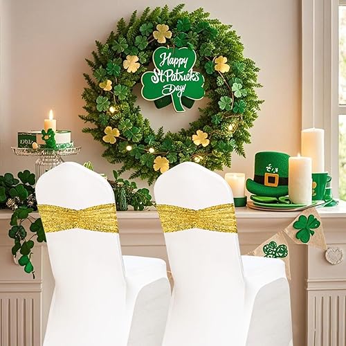 Miniatura 3 de Eternal Beauty Juego de 50 bandas de lentejuelas para silla, lazos dorados para decoración de sillas plegables de boda y fiestas