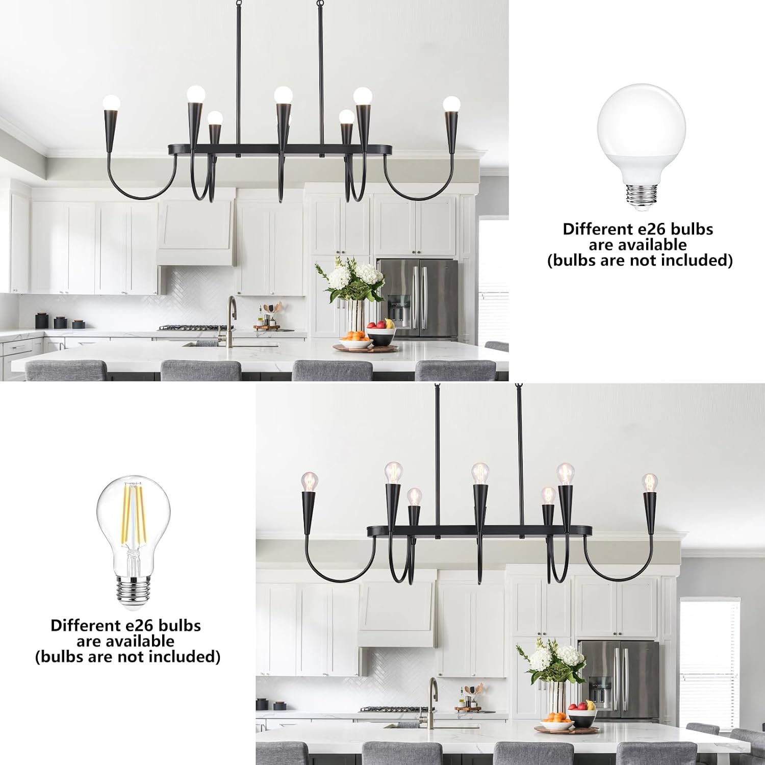 48 Inch Black Industrial Chandelier, 8-Light Linear Farmhouse Dining Room Ceiling Light for Kitchen Island, Adjustable Hanging Chain, E26 Bulb Base (Bulbs Not Included)