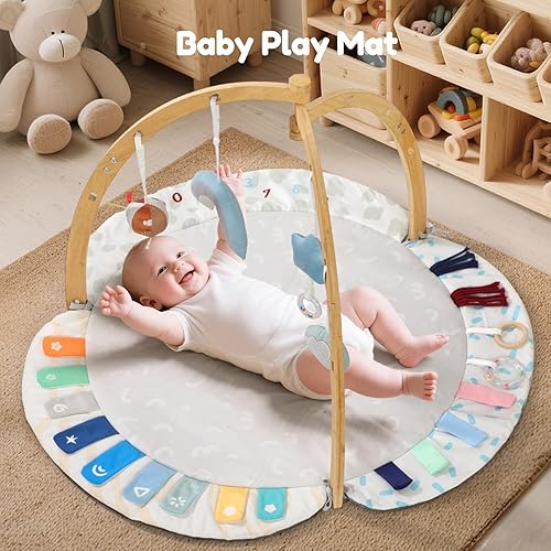Miniatura 6 de EXIN DECHEN Tapete de gimnasio y actividades para bebés, marco de bambú orgánico natural con 4 juguetes sensoriales desmontables, tapete de tiempo