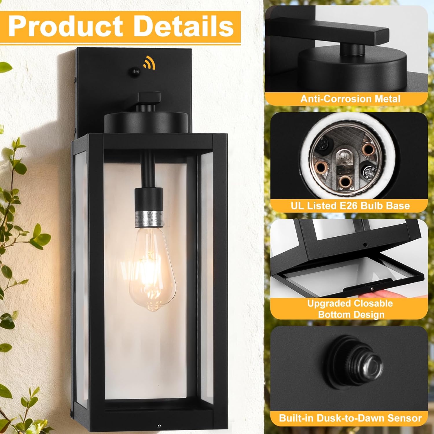 20" Large Dusk to Dawn Outdoor Wall Lantern with Closed Bottom - Black Outdoor Porch Lantern Wall Mounted, Waterproof Modern Outside Wall Sconce Coach Lamp for House, E26, 2 Packs