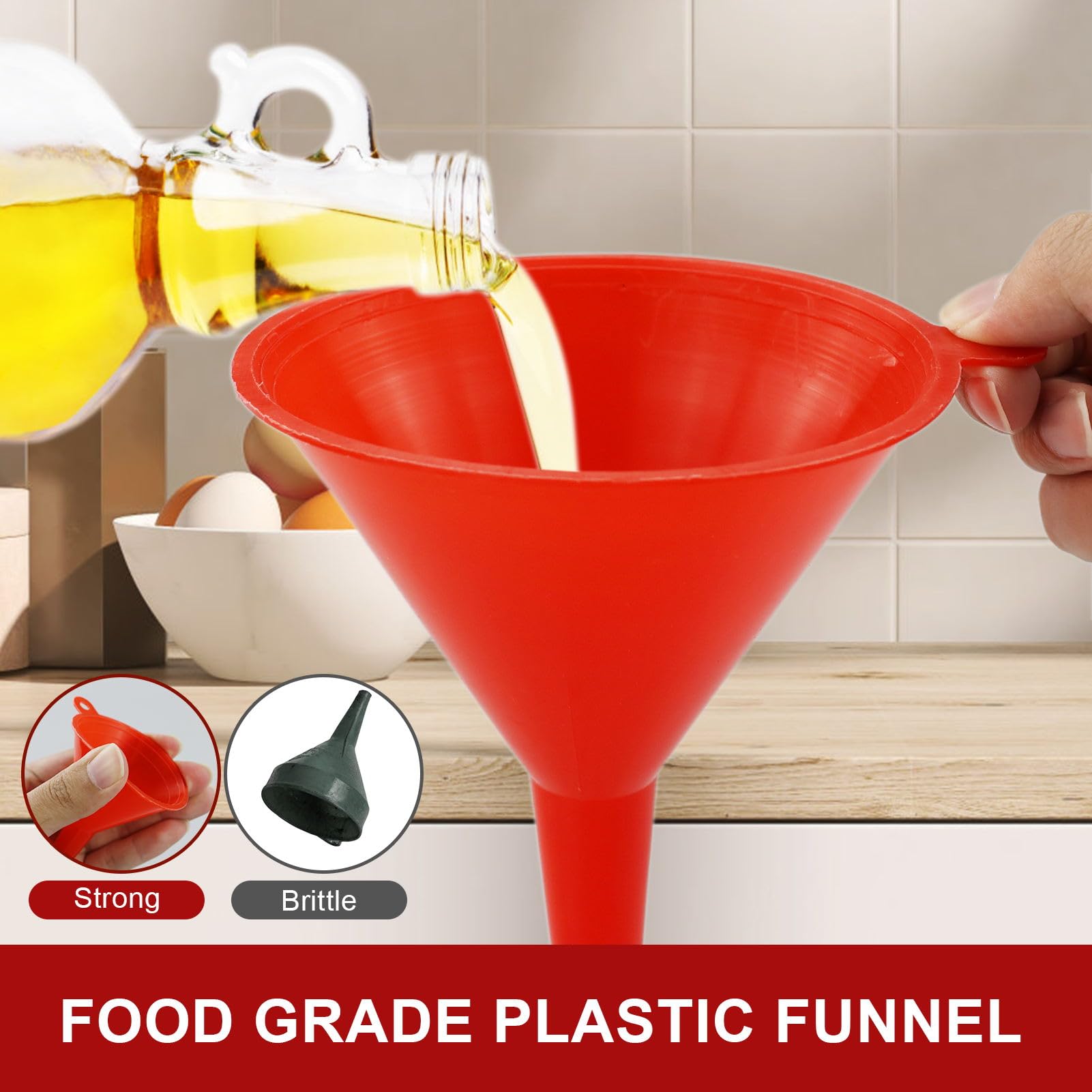 Juego de 8 embudos de plástico, embudos de filtro de boca ancha, para cocina, laboratorio, garaje, líquidos de coche, productos secos, botellas (rojo)