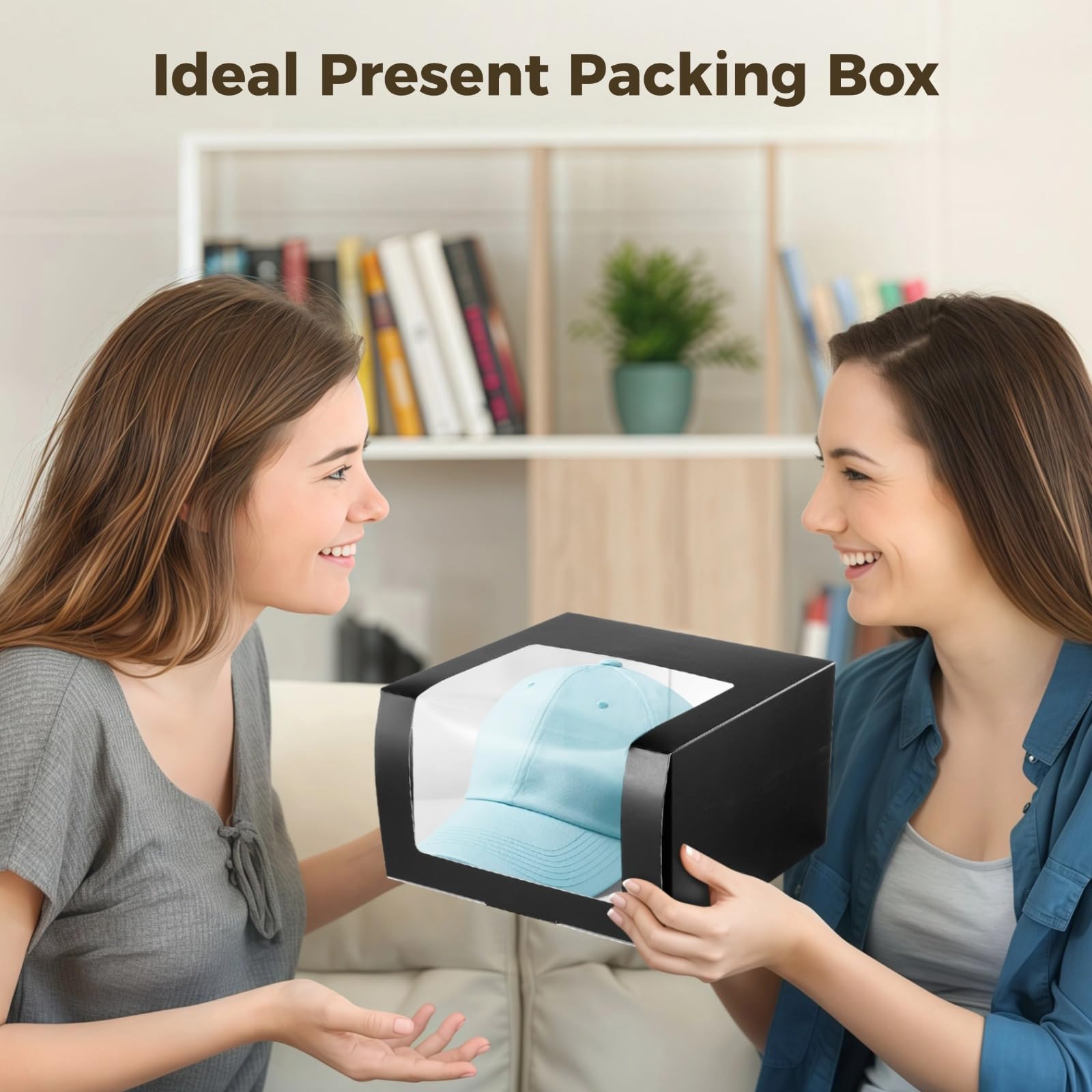 12 Stück schwarze Geschenkboxen für Hüte, dekorative Aufbewahrungsbehälter mit transparentem Display, stabile Hutboxen für Baseballmützen, Papa-Hüte, Faltgröße 7,9 × 7,9 × 4,7