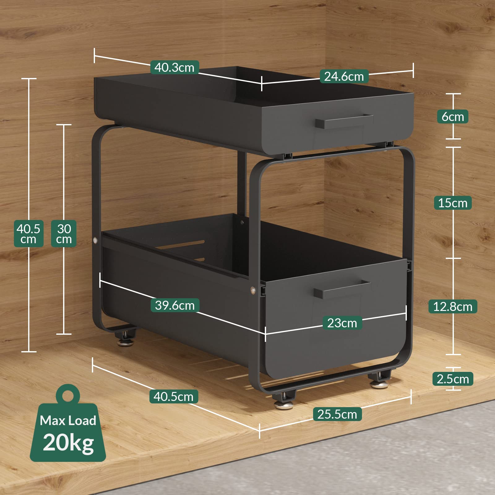 Todeco – Étagère de rangement sous évier coulissante – Organisateur 2 niveaux en acier au carbone – Capacité 20 kg – Pour cuisine et salle de bain