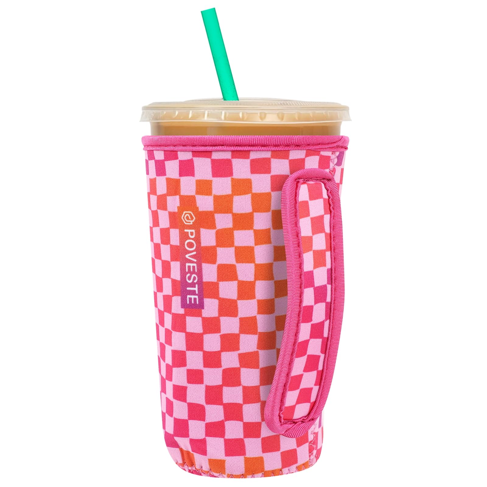 Reusable Neoprene Insulator Sleeve for Iced Coffee &amp; Cold Soda, Coffee Sleeves for Iced &amp; Hot Drinks, Cold Beverage Cooler Compatible with Starbucks, Dunkin (Gradient Cherckerboard, Large: 32oz)