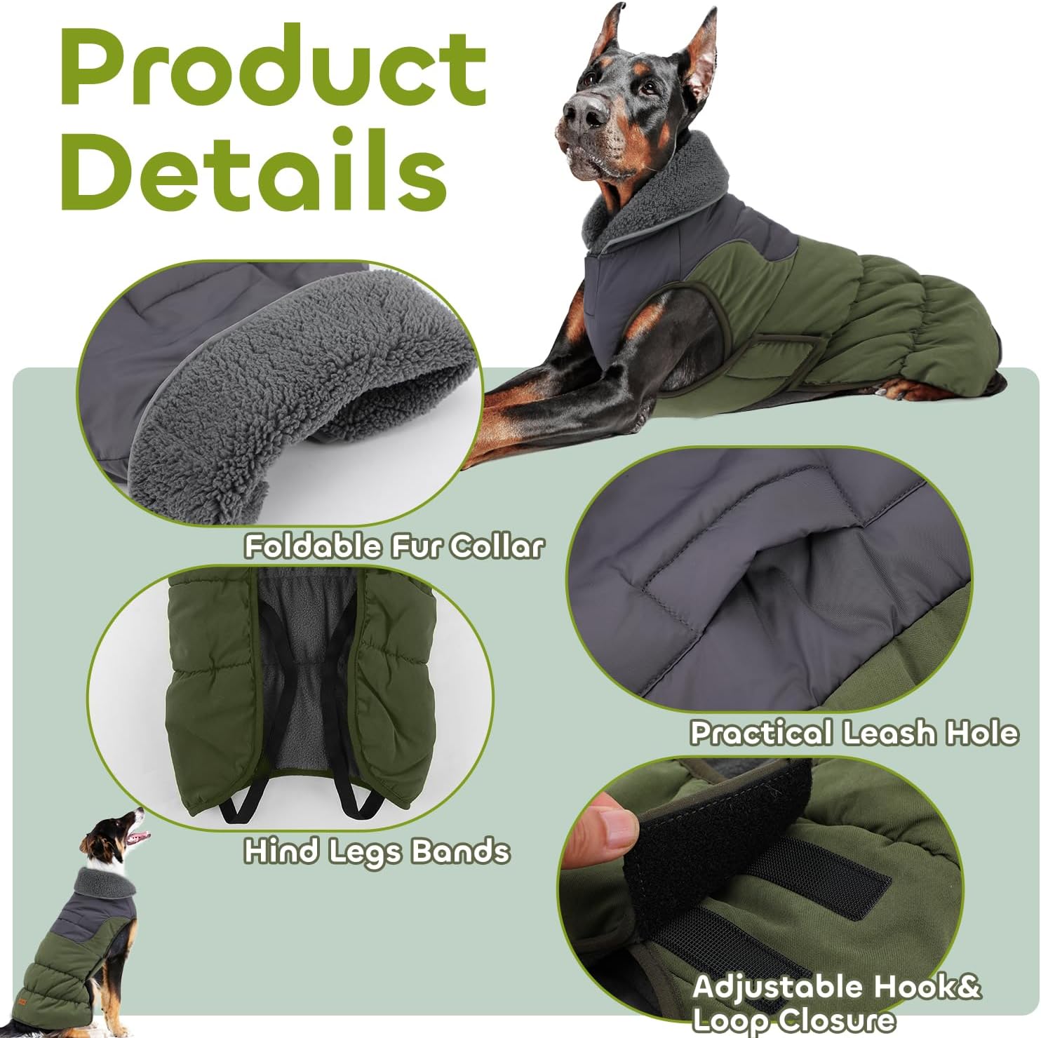 EMUST Dog Coats for Large Dogs L, Reflective Warm Pet Fleece Jacket Snowsuit for Cold Weather with Furry Collar, Windproof Warm Fleece Dog Puffer Jacket, Green