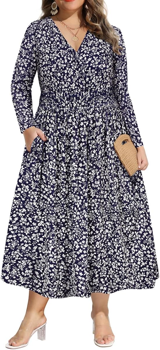 CARCOS Plus Size Dresses for Curvy Women V Neck Fall Maxi Dress Long Sleeve Floral Boho Dress Smocked Waist Party Dress