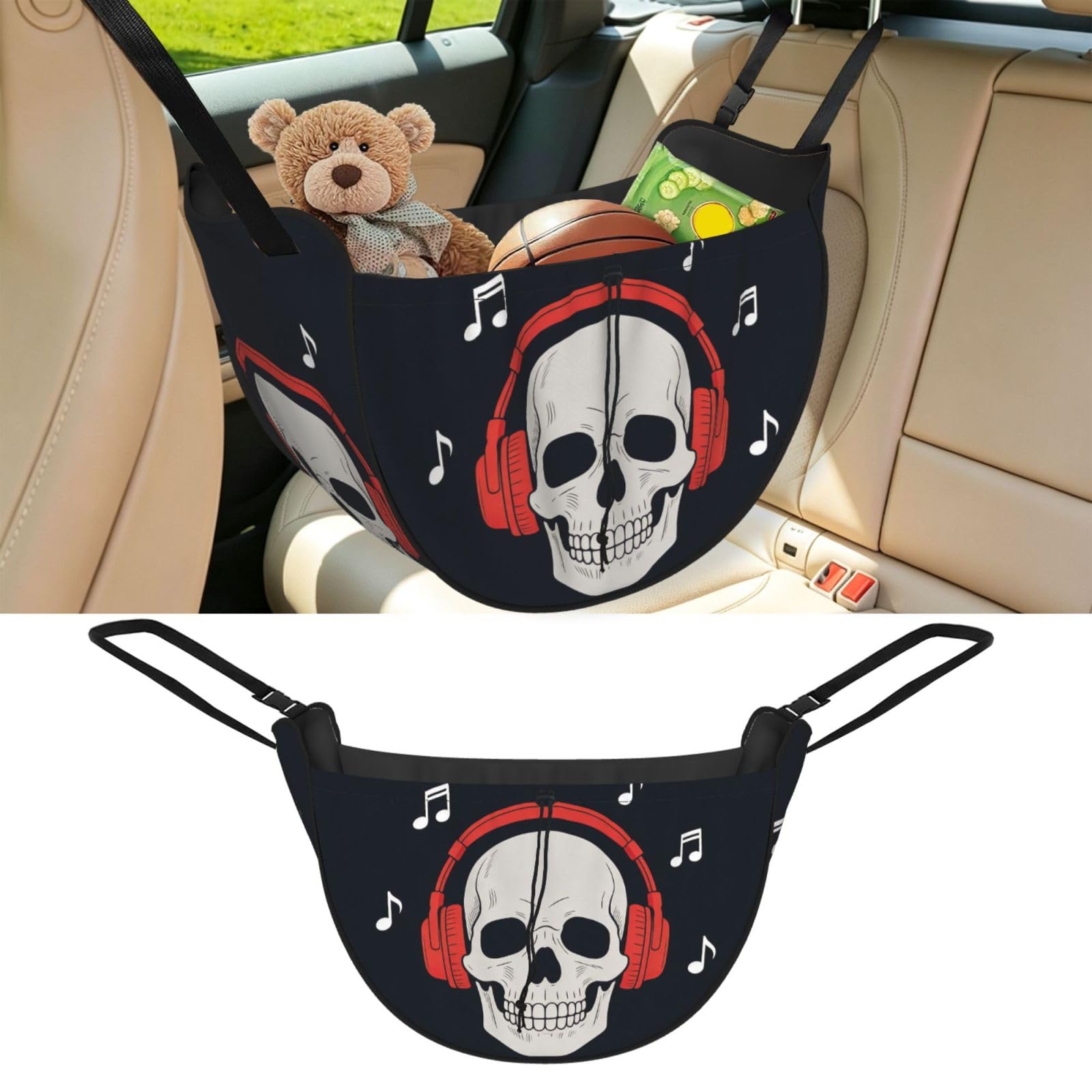 Cntdbu Black Headphone Skull Flat Car Seat Organizer-Backseat Storage Bag For Travel