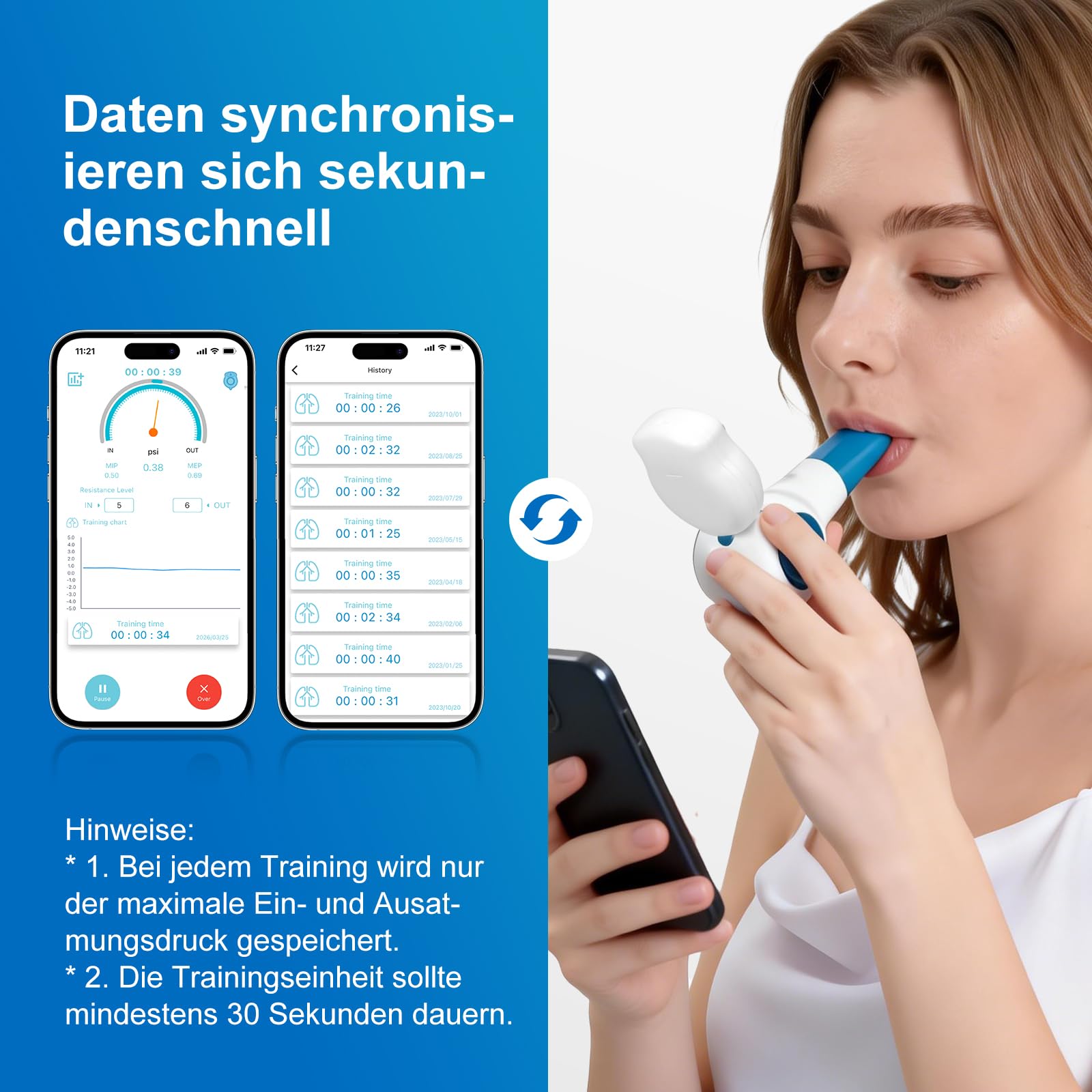 Lungentrainer mit App, MEP & MIP, Spielerisch Training, 6 Widerstandsstufen | Reiseetui, Nasencli, Aufzeichnung mit Datum, 3 motivierende App-Spiele, MIP/MEP-Tracking, Testmundstück, Lunge Trainingsgerät