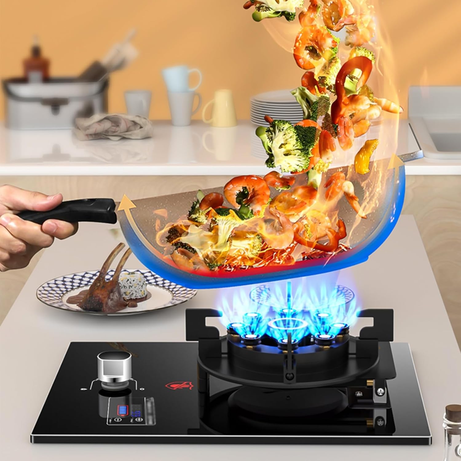 Gas Stove 1 Burner,5.2KW 9-Cavity Wok,Black Tempered Glass Top, Head Can be Rotated 90°,with Flameout Protection and Timer(NG)