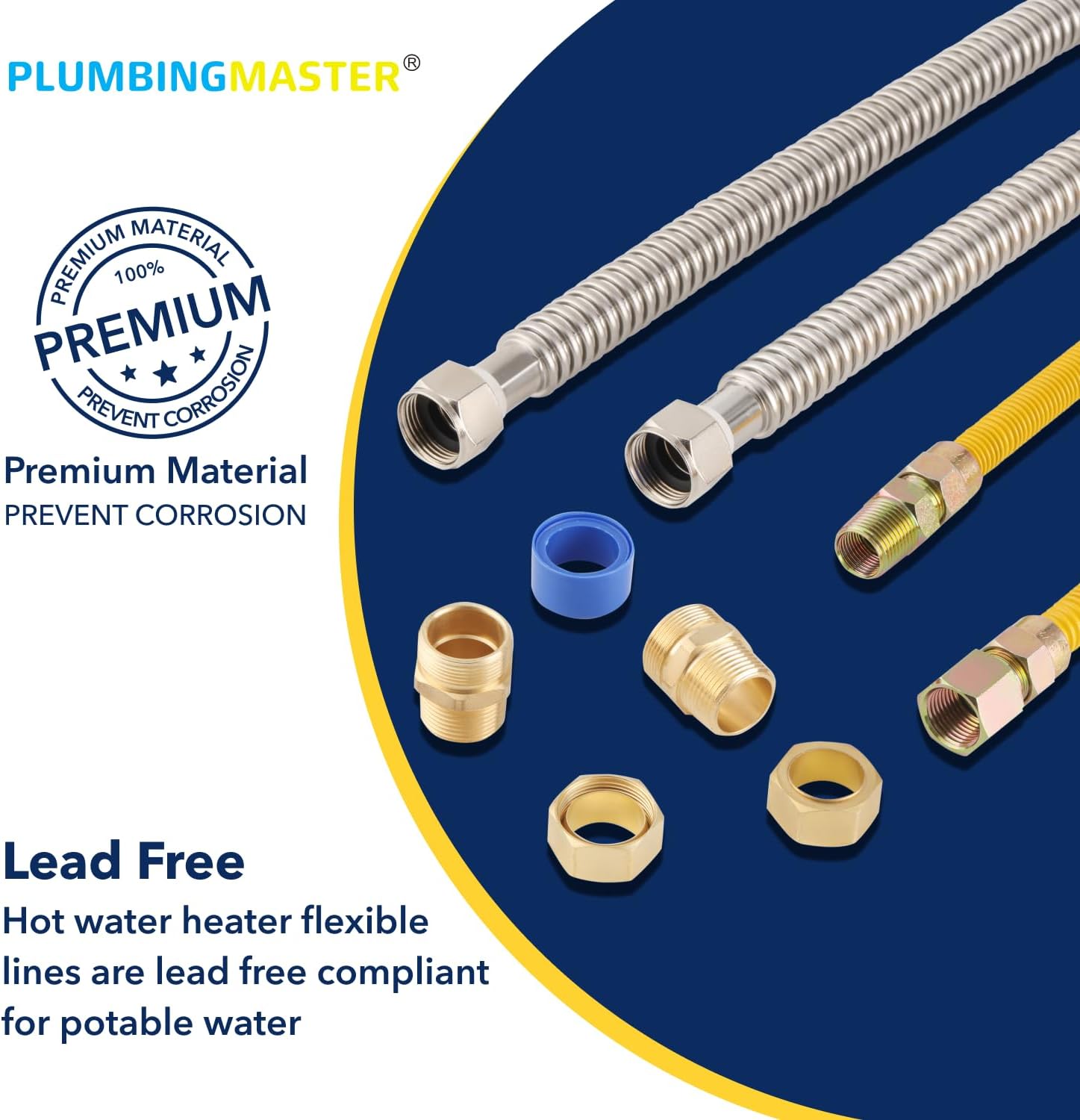 Electric Gas Water Heater Installation Kit, 2pcs 3/4 FIP 18 Inch Water Heater Connector, 1 pc 1/2 MIP*1/2 FIP 24 Inch Yellow Gas line, 2pcs compression adapters