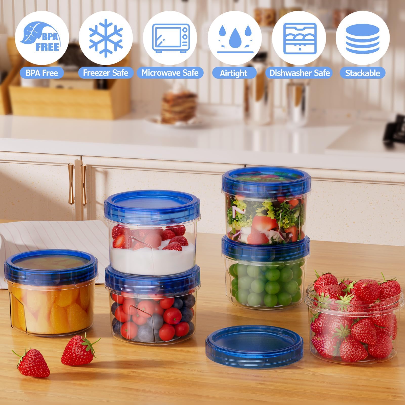 6 Contenitori Rotondi Per Alimenti Con Coperchio Ermetico – Plastica Trasparente Senza BPA, Impilabili, Per Snack E Frutta