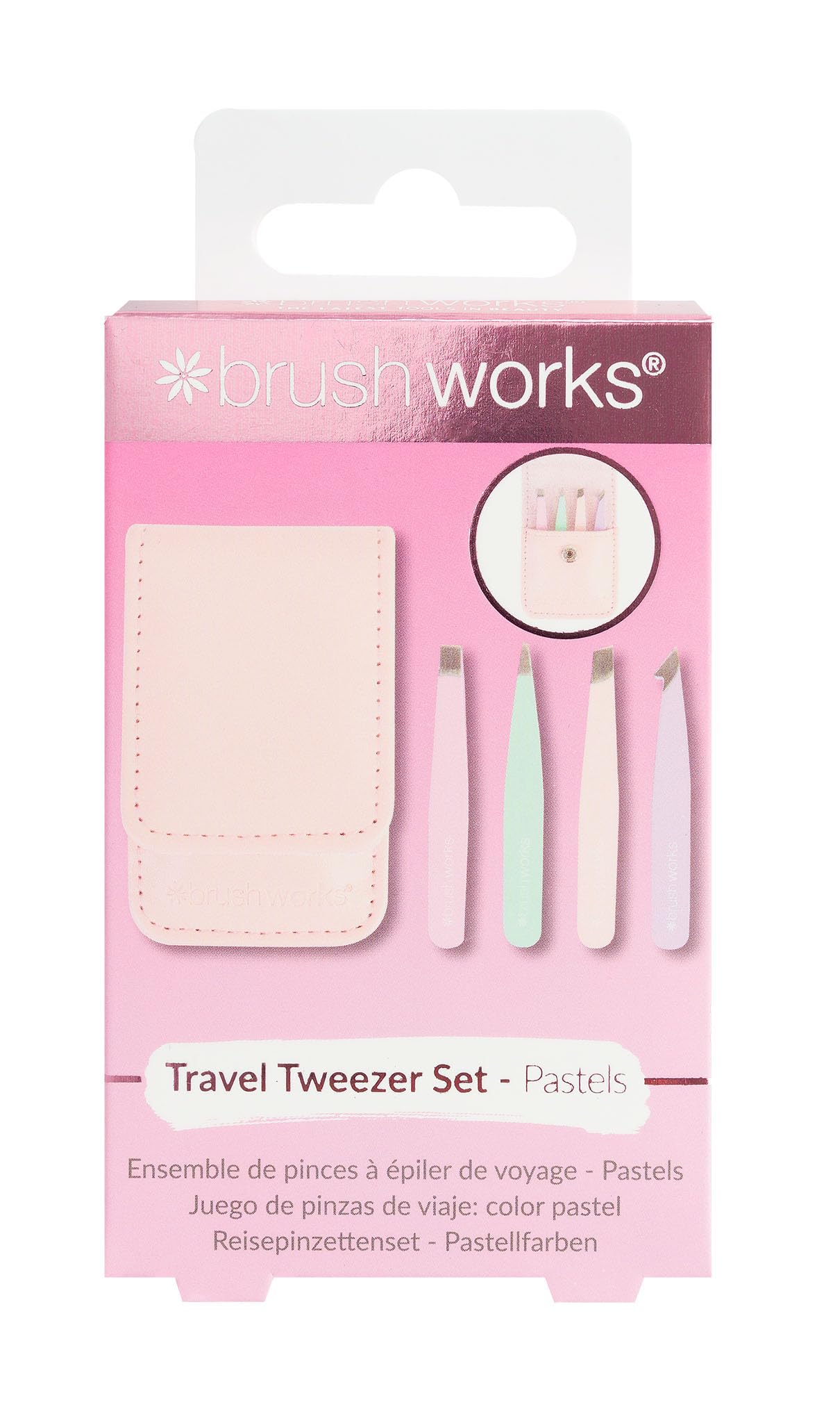 Brushworks Travel Tweezer Set (Pastels) – 4 Mini Stainless Steel Eyebrow Tweezers with Travel Case | Precision Hair Removal Kit | Vegan & Cruelty-Free