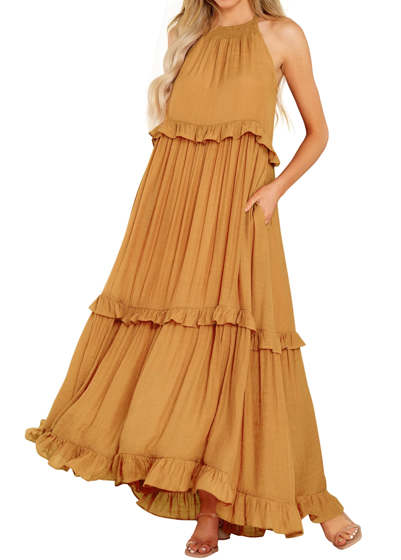 R.Vivimos Womens Summer Dress Sleeveless Halter Layered Ruffles Casual Boho Flowy Maxi Dress