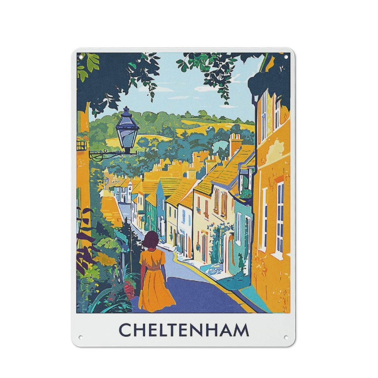 Junmoney Style-1 Cheltenham Town Illustration Metal Wall Sign 40X30cm, Retro Decor For Workshop Wall, For Garage, Workshop And Man Cave Decoration