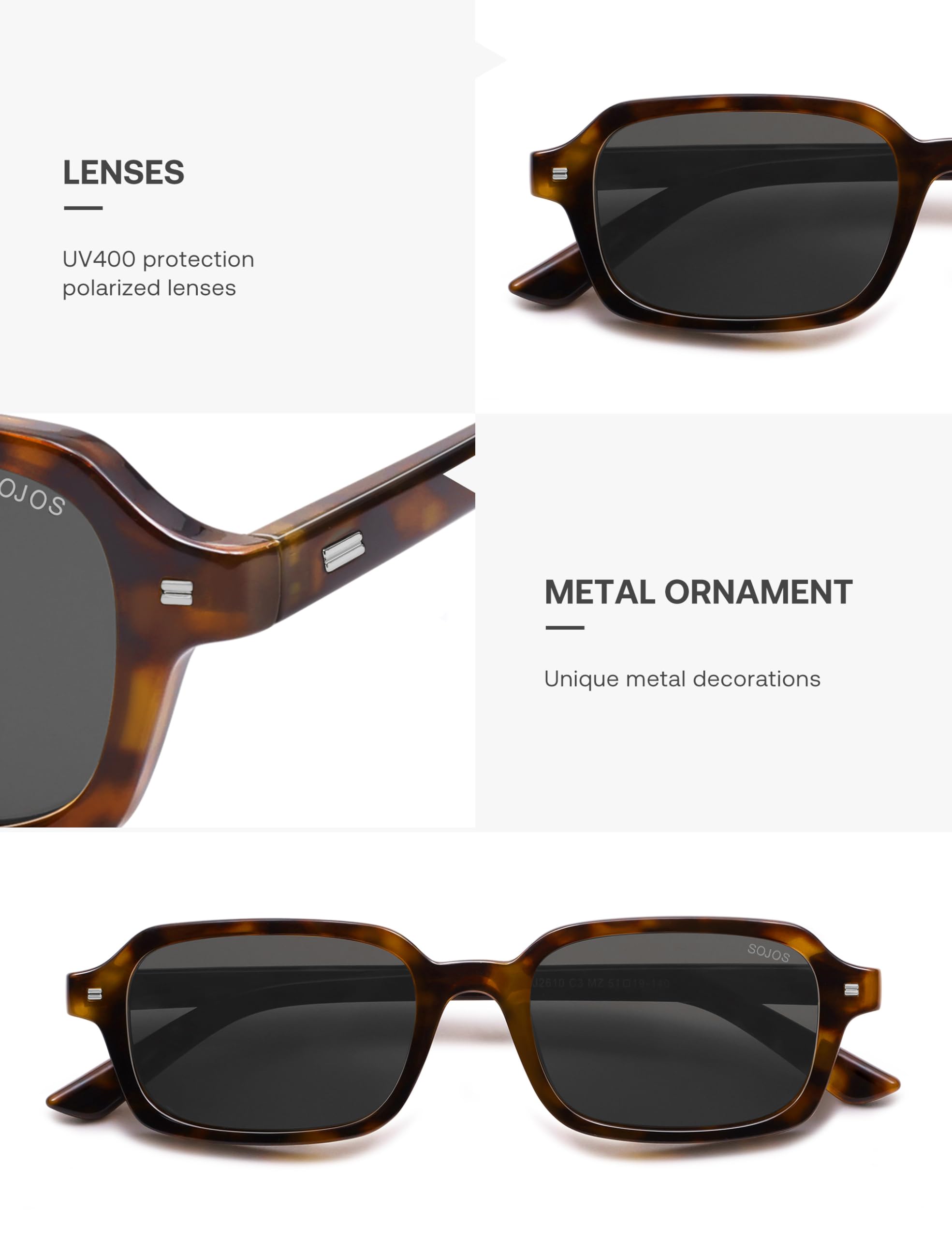 SOJOS Gafas de sol rectangulares polarizadas retro para hombre y mujer, vintage, de moda, shmal, cuadradas, con protección UV400, SJ2610