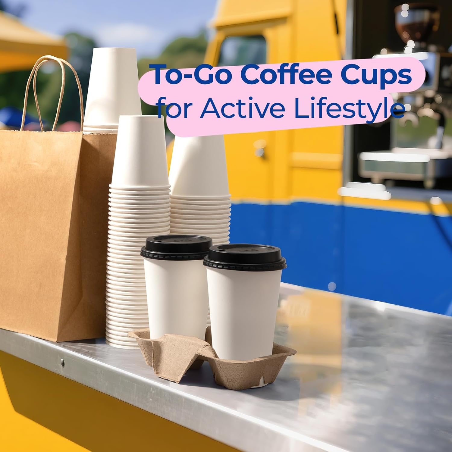Fit Meal Prep 100 Pack 16 oz Disposable Coffee Cups with Lids, Premium To Go Paper Cups, Leak Proof Hot Coffee Cups with Lids for Travel, Office, Hot/Cold Beverages (Black Lids)