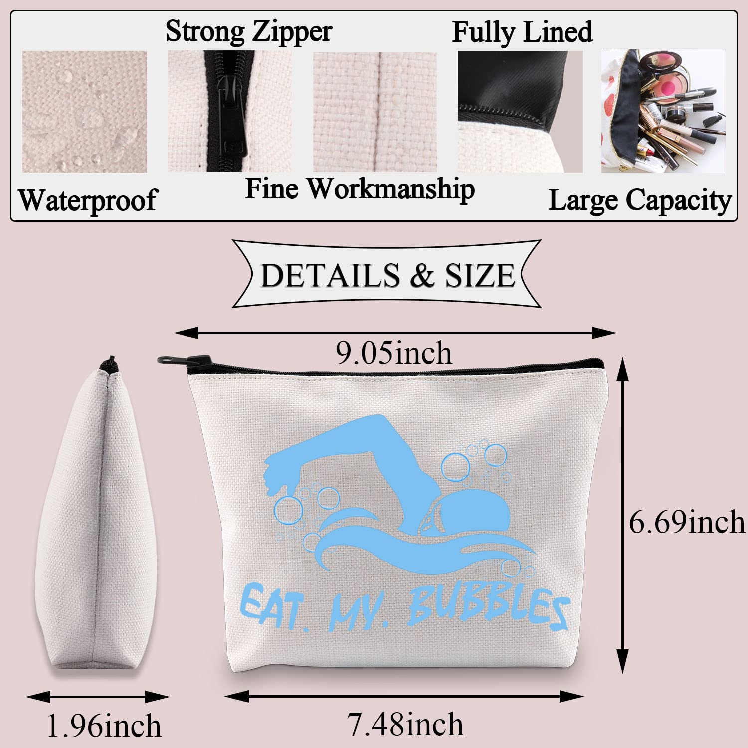 PLITI Swim Makeup Bag Swimming Lover Cosmetic Bag Eat My Bubbles Funny Swim Team Gift Swimmer Gift Swimming Coach Gift (My Bubbles BU) - Image 2