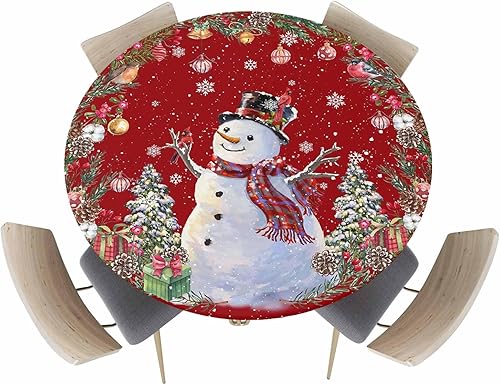 Miniatura 2 de Mantel redondo ajustable con diseño de muñeco de nieve de Navidad, diseño de corona de árbol de Navidad rojo con borde elástico, mantel impermeable