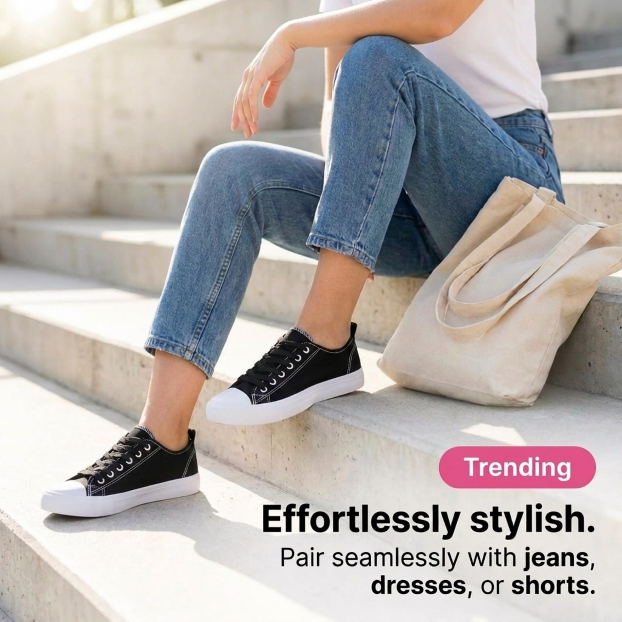 The Fashion Supply Canvas Shoes for Women, Casual Low Top Lace-Up Womens Shoes Sneakers, Extra Laces (Black White, 8)