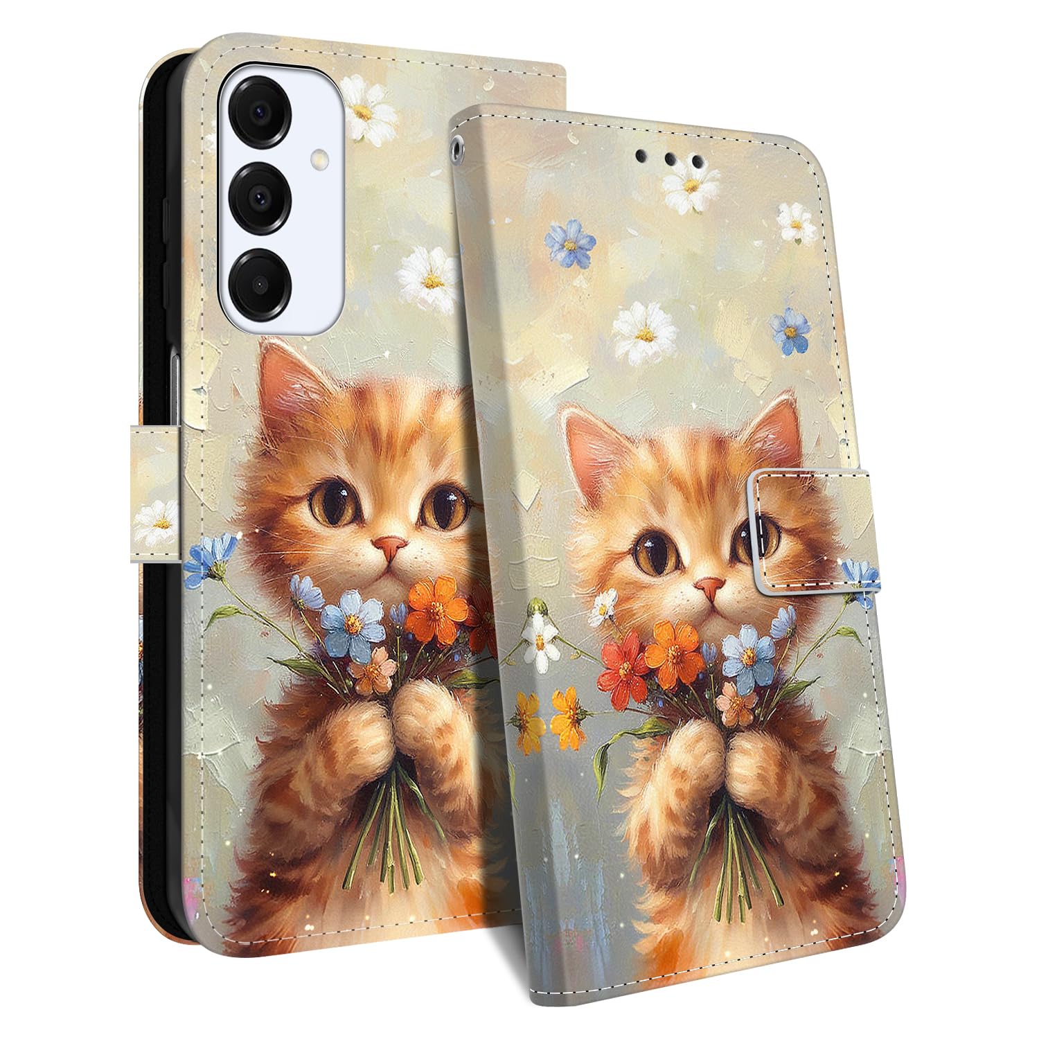 HopMore Handyhülle für Samsung Galaxy A17 4G / 5G Hülle, PU Leder Klapphülle Kartenfach Schutzhülle Stoßfeste Tasche Wallet Flip Case mit Muster Handytasche für Samsung A17, Orange Katze