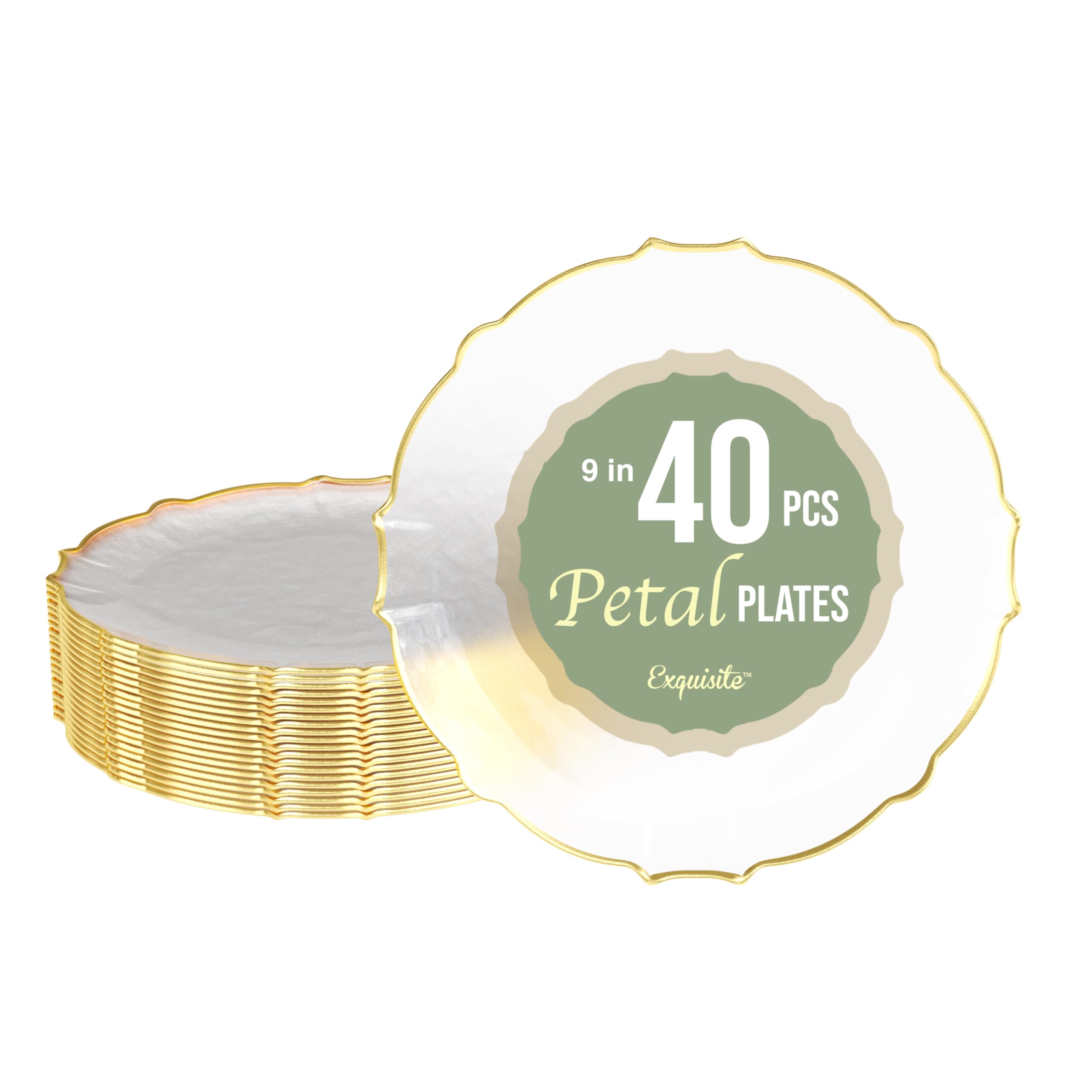 Exquisite Elegant Plastic Plates for Party - 40 x 9 inch Dinner & Dessert Plates Set - Thin, Delicate, Fancy, Disposable - Clear with Gold Rim