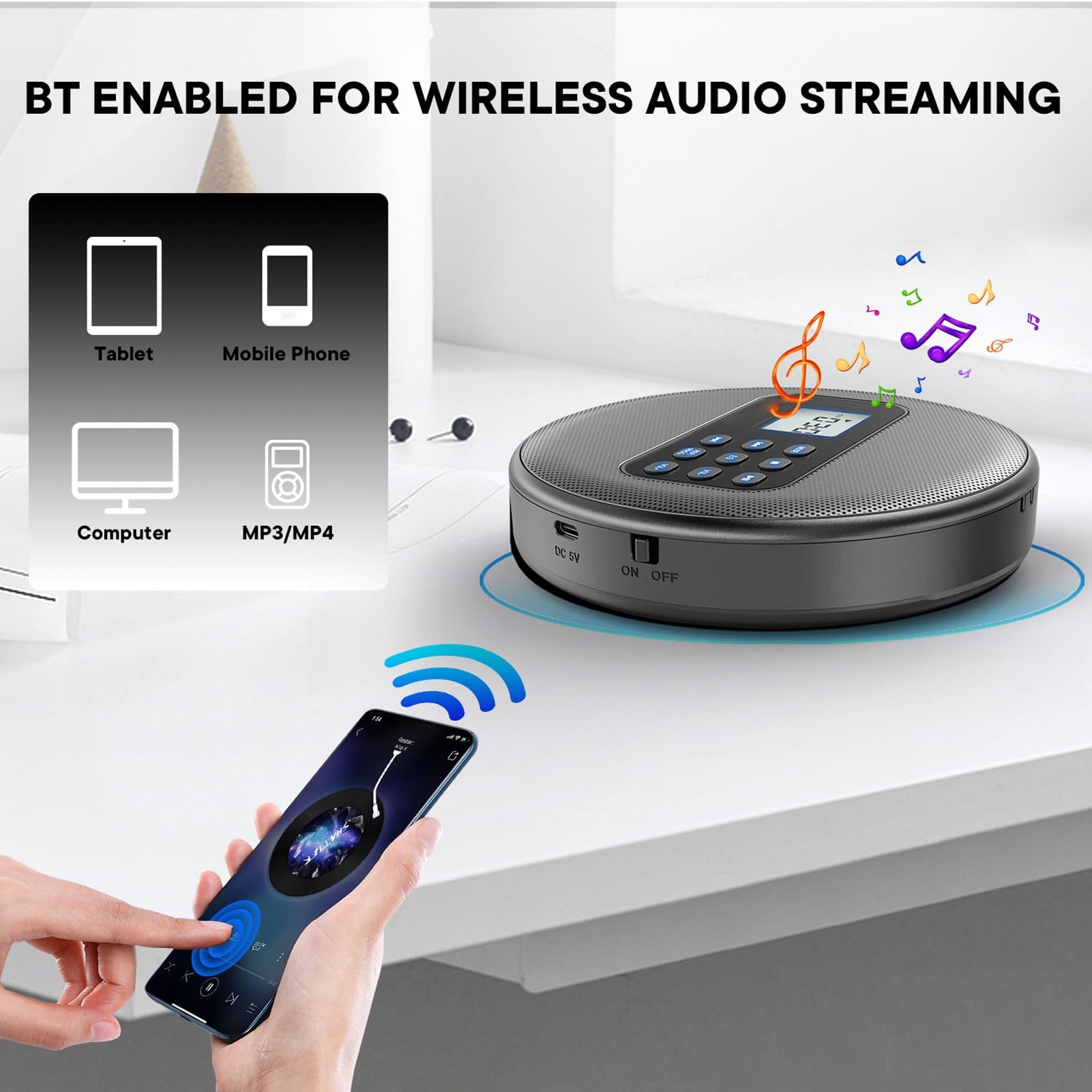 SENECESLI Lettore CD Portatile con Doppi Altoparlanti Stereo, Stereo Ricaricabile, Cavo da 3,5 Mm, Doppi Altoparlanti, Lettore di Dischi Musicali Bluetooth CD CD R MP3 per Aux per Auto o
