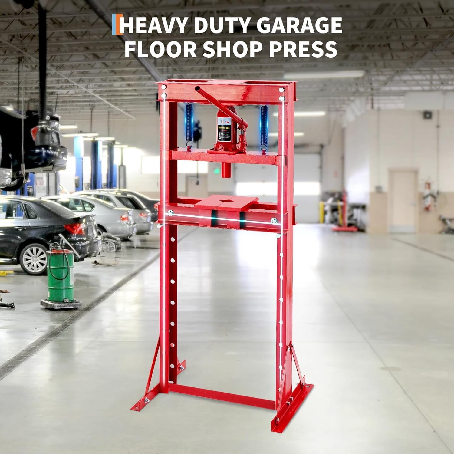 12 Ton Heavy Duty h-Frame Hydraulic Shop Press, Adjustable Height Work Table, Red Garage Floor Press for Bending/Straightening/Bearing Installation/u-Joints (with Plates)，Red