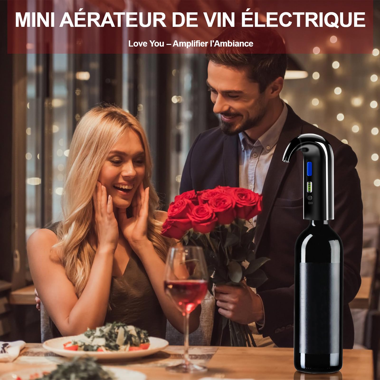 Décanteur à vin électrique, Aérateur Distributeur Verseur - Cadeau Fête des Pères, verseur d'aérateur de vin rouge à une touche, rechargeable de type C pour la maison et le bar (Noir)