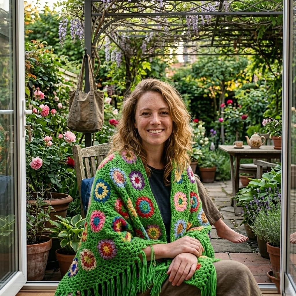 Handgefertigter gehäkelter Poncho mit Fransen, 177,8 x 86,4 cm, quadratisch, Damenmantel