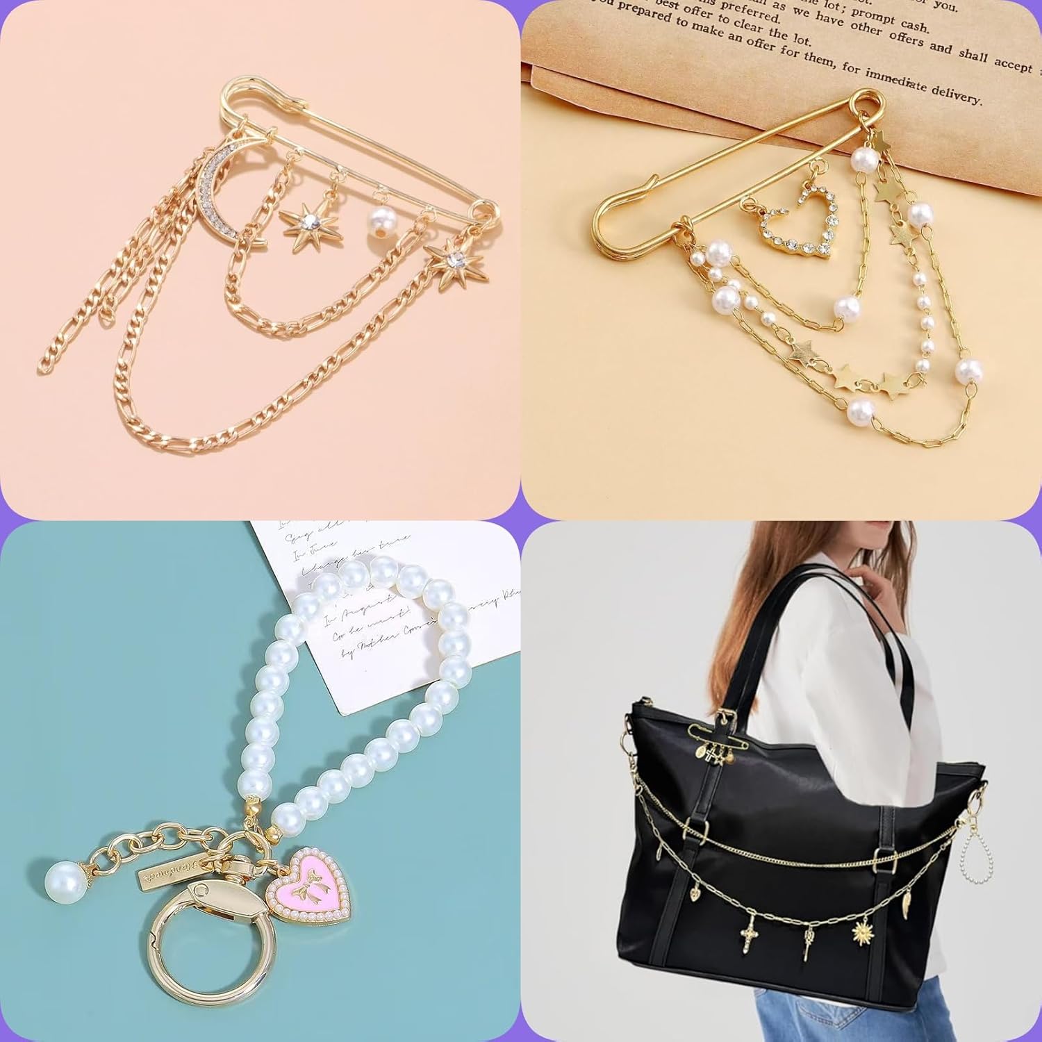 5 in 1 Bag Charms Set, Purse Charms, Pearl Bags Chain, Purse Keychain and Safety Pin, Bag Charm for Handbags, DIY Bags Accessories for Women - Image 4