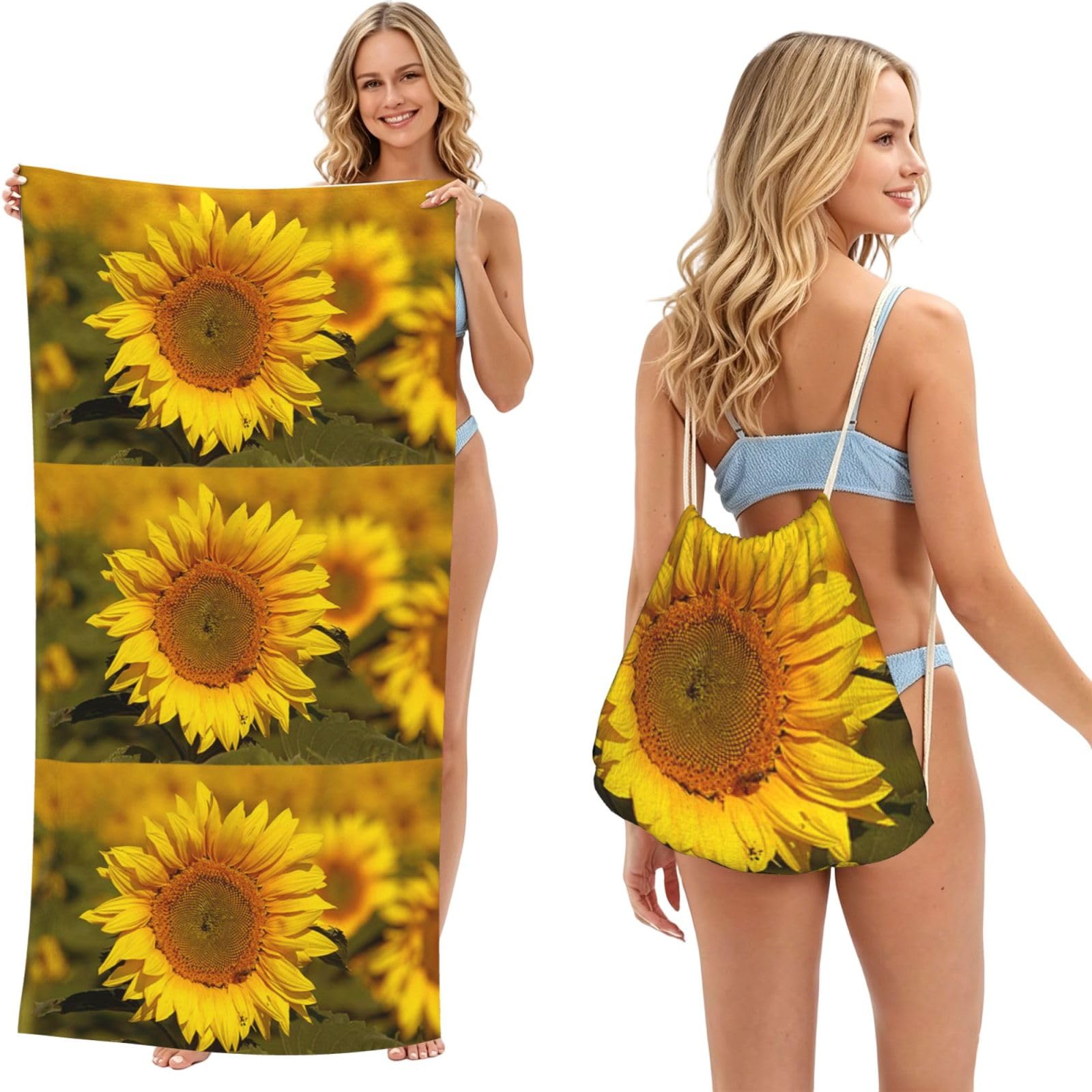 Poadnly As Picture Sunflower, 2 In 1 Packable Towel Bag, Beach Towels With Drawstring Backpack For Travel Holiday Camping