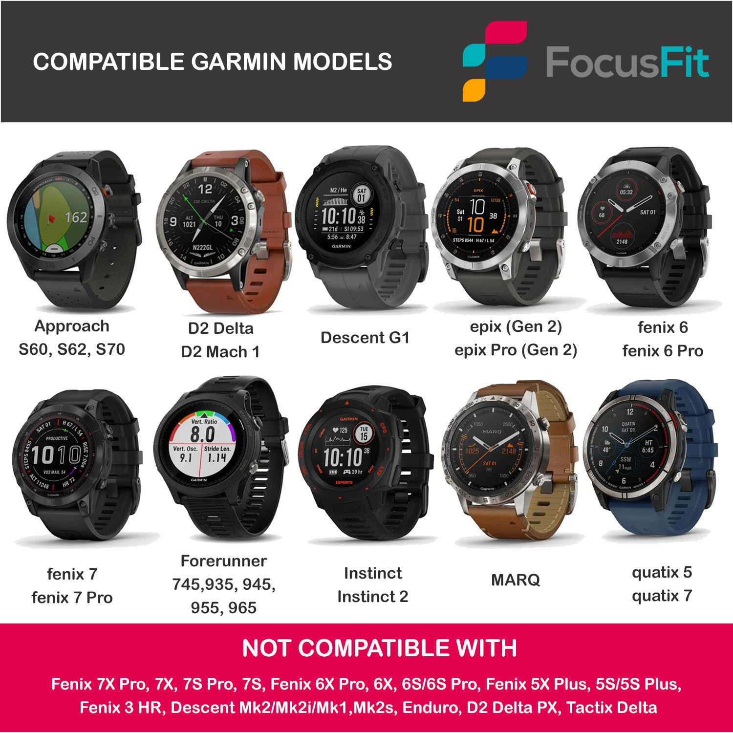 FocusFit® 22mm Quick Fit Silicone Strap Compatible with Garmin