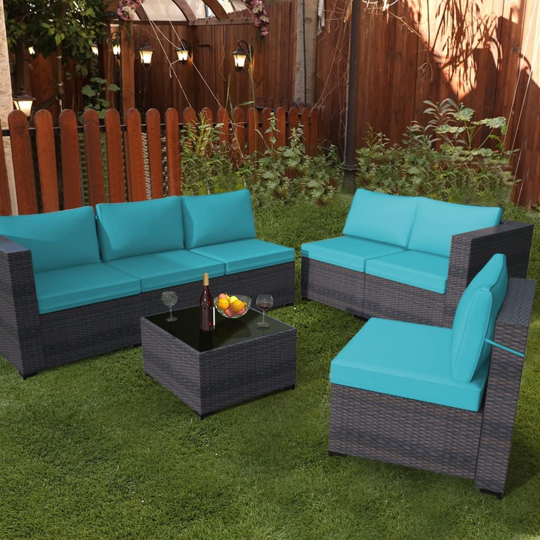 Gotland 7 Piece Outdoor Patio Furniture Sets All-Weather Outdoor Sectional Furniture PE Wicker Patio Sofa Backyard Deck Couch Conversation Chair Set with Coffee Table & 6 Thickened Cushions (Blue) : Patio, Lawn & Garden