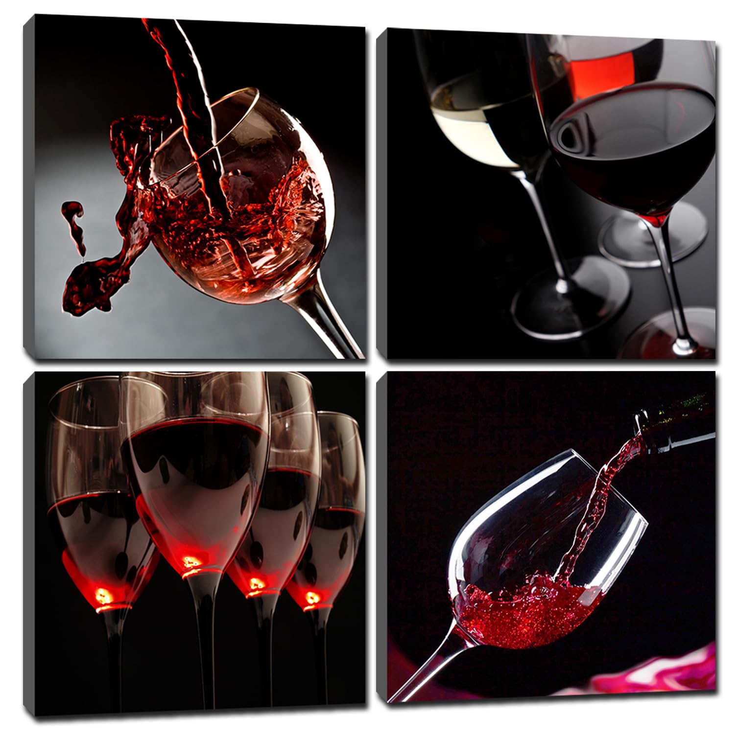 Red Wine Pictures Kitchen Decor - Modern 4 Panels Glass Cups Abstract Canvas Wall Art Prints Artwork Vintage Framed Paintings on Canvas for Kitchen Office Bar Restaurant Home Decoration 12x12 INCH