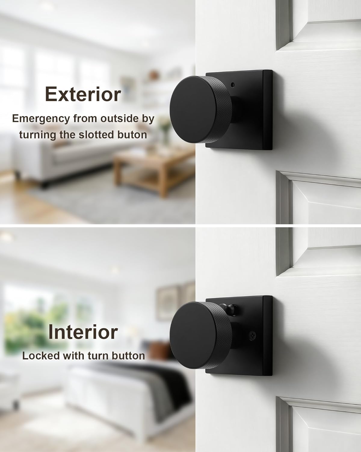 Probrico Privacy Door Knobs,Black Interior Door Knobs with Square Rosette,Keyless Bed and Bathroom Round Modern Door Knob with Lock 3Pack
