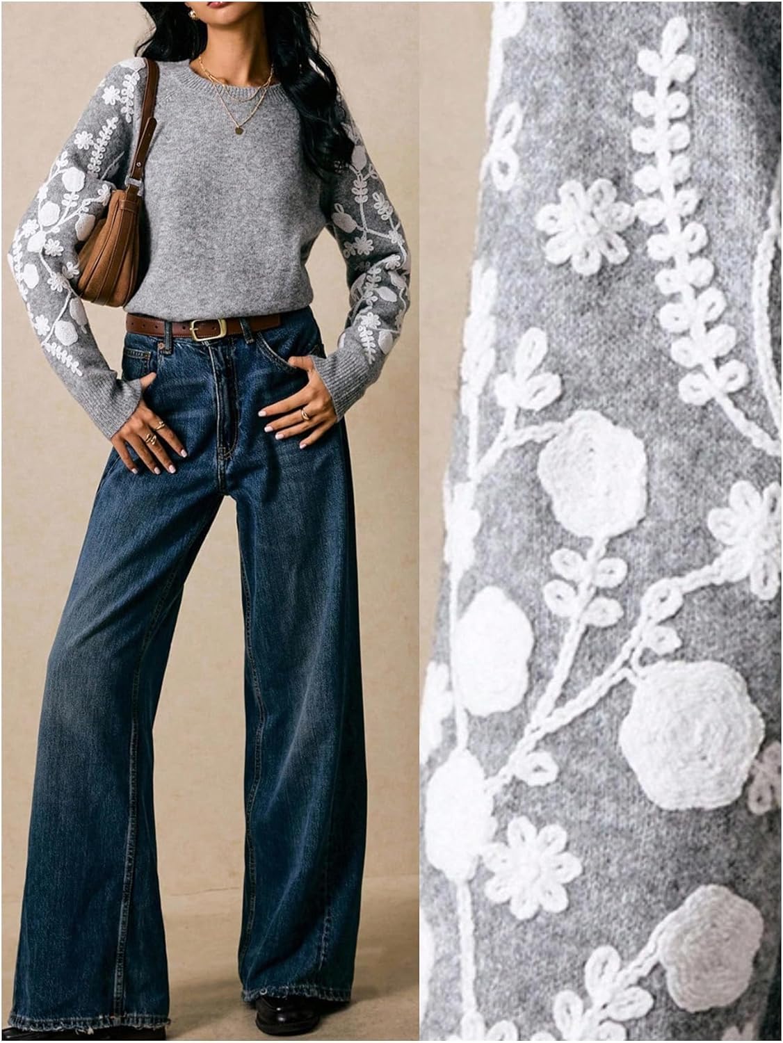 Verdusa Women's Boho Chic Floral Cozy Sweaters Raglan Sleeve Pullover Knit Tops - Image 3