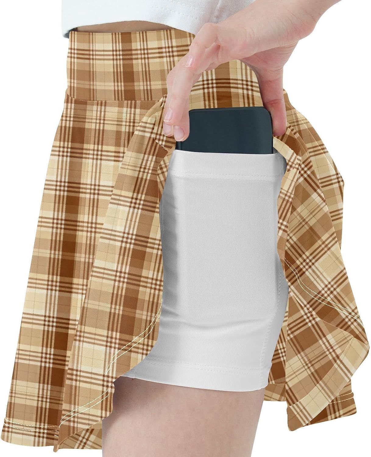 visesunny Brown Plaid Girl's Golf Skirt Athletic Tennis Skort Sport Activewear with Double Layer Pockets