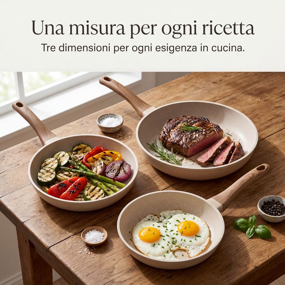 081 Store - Set 3 Padelle Antiaderenti 20, 24 e 28 cm, Padelle per Induzione, Gas e Tutti i Piani Cottura, Rivestimento Effetto Granito, Alluminio Forgiato, Senza PFOA, Manici Ergonomici Effetto Legno