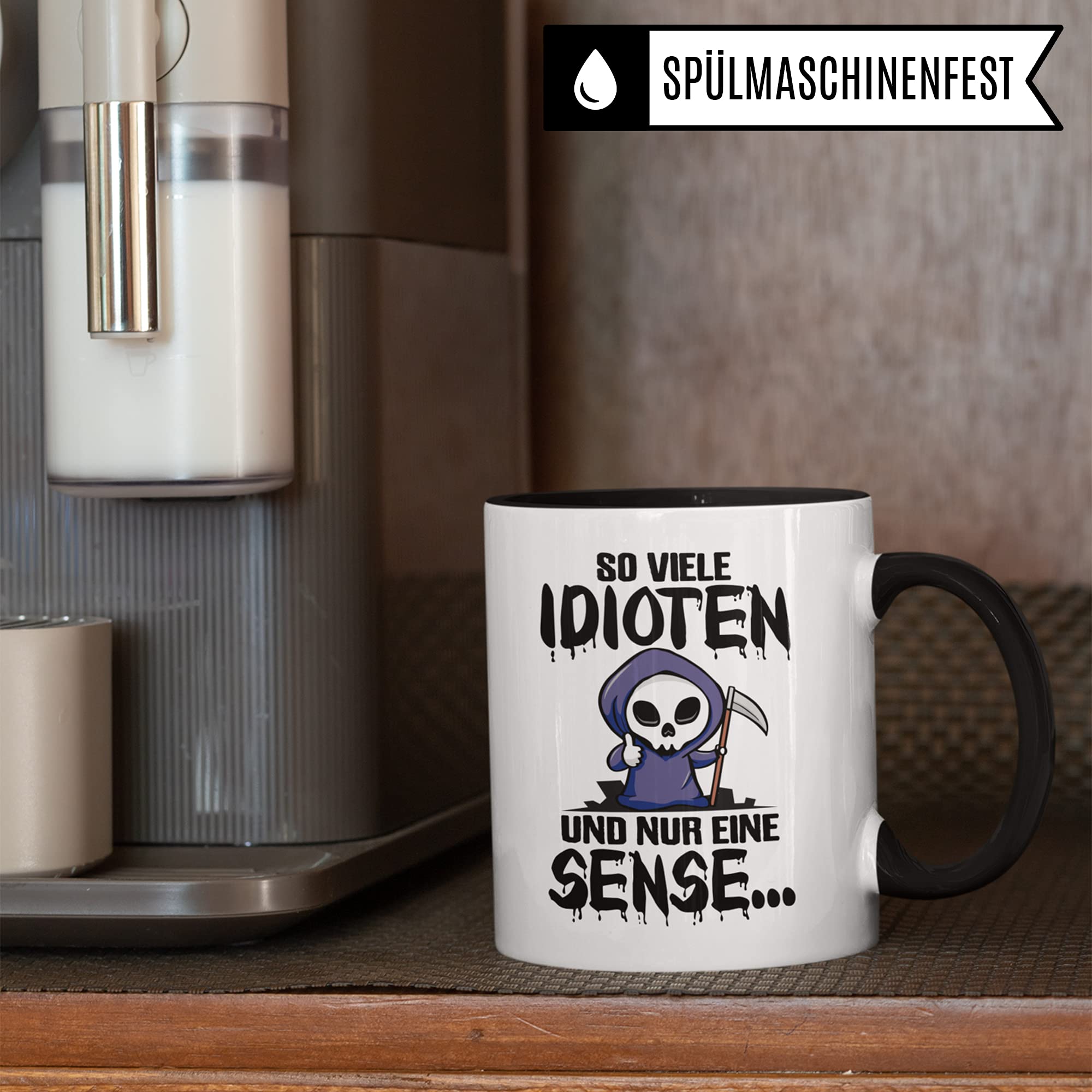 Tazza Divertente Con Scritta 'So Viele Idioten Und Nur Eine Sense' - Tazza Da Caffè In Ceramica Nera 320 Ml, Regalo Umoristico Per Colleghi E Amanti Dell'umorismo Nero