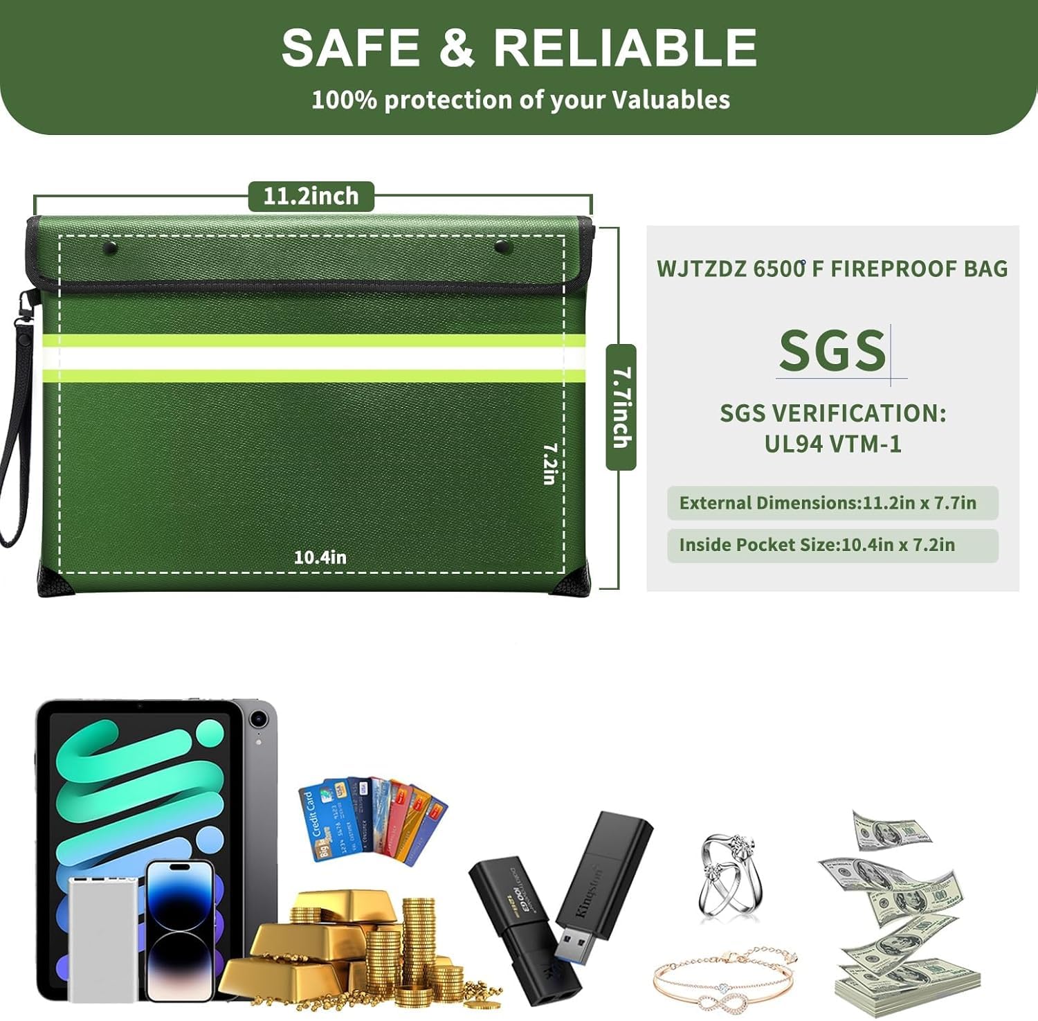 6500°F Upgraded Fireproof Money Bag,10 Layers of Heat Insulated Materials,Fire Proof Box with Waterproof Zipper/Reflective Strip,Document Bag with Handle for Cash,Important Documents - Image 5