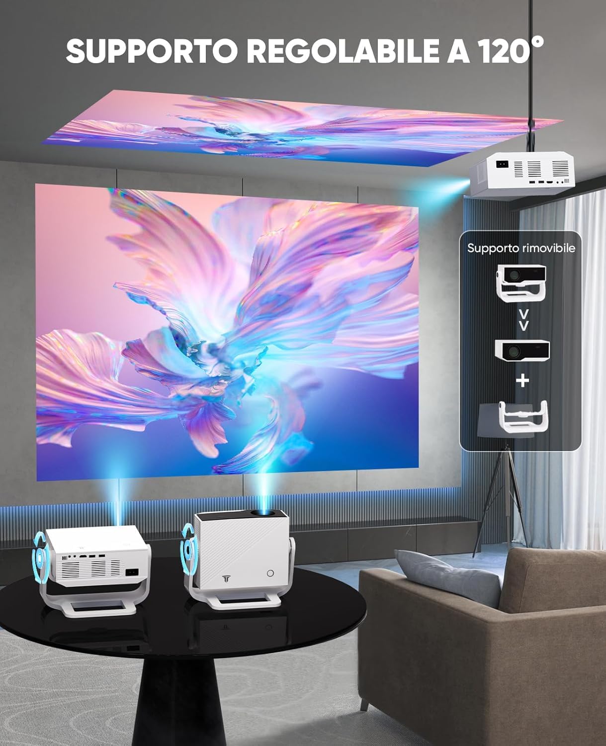 Proiettore intelligente Wielio Android 11, Supporto FHD 1080P 4K, 700ANSI, WiFi6 & BT5.2, Rumore < 29,8 dB, Supporto Regolabile a 120°, Elettrico Focus, Trapezio Automatico per Switch/PS5