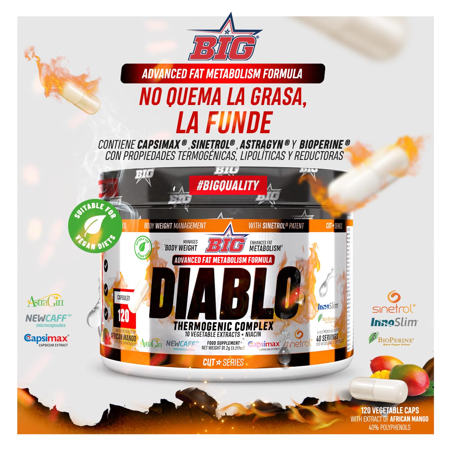 BIG - Quemagrasas Potente para Adelgazar muy Rapido, Fórmula Exclusiva con 10 Ingredientes, Elimina la Grasa y Ayuda a Bajar de Peso, Acelera el Metabolismo en Hombre y Mujer, 40 Servicios, 120 caps