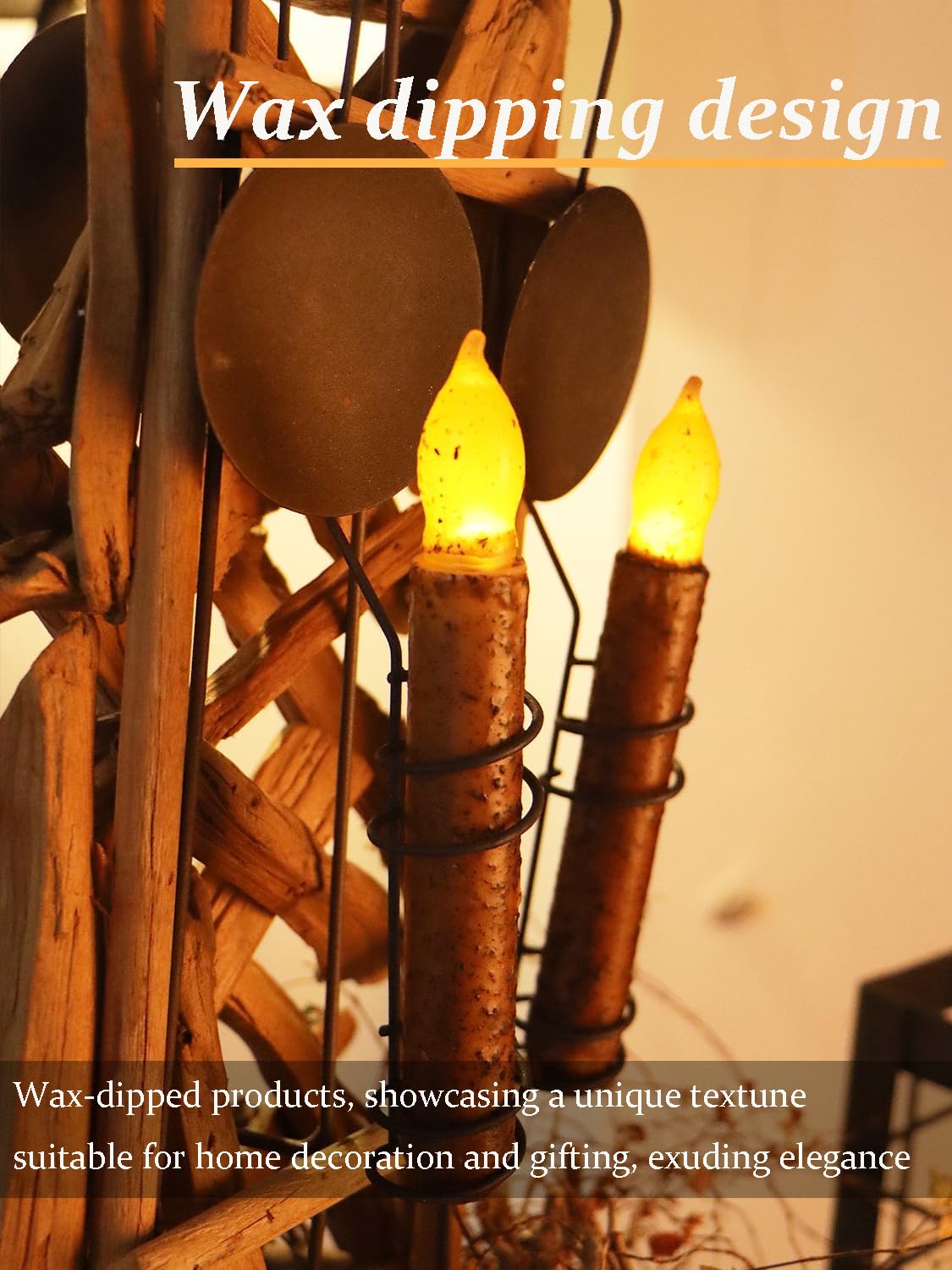 Paquete de 12 velas primitivas de cera real, funciona con pilas, sin temporizador, sumergidas a mano de 6.5 pulgadas, amarillo ámbar, parpadeante, rústico, sin llama, para decoración de