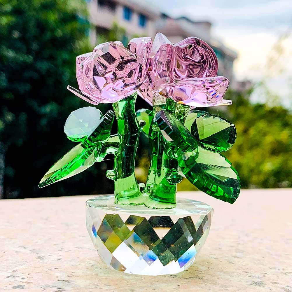 ガラス製 ピンクローズ 花束置物 クリスタル キラキラ 風水 Amazon.co.jp: ガラスクリスタル ピンクローズフラワークリスタル置物