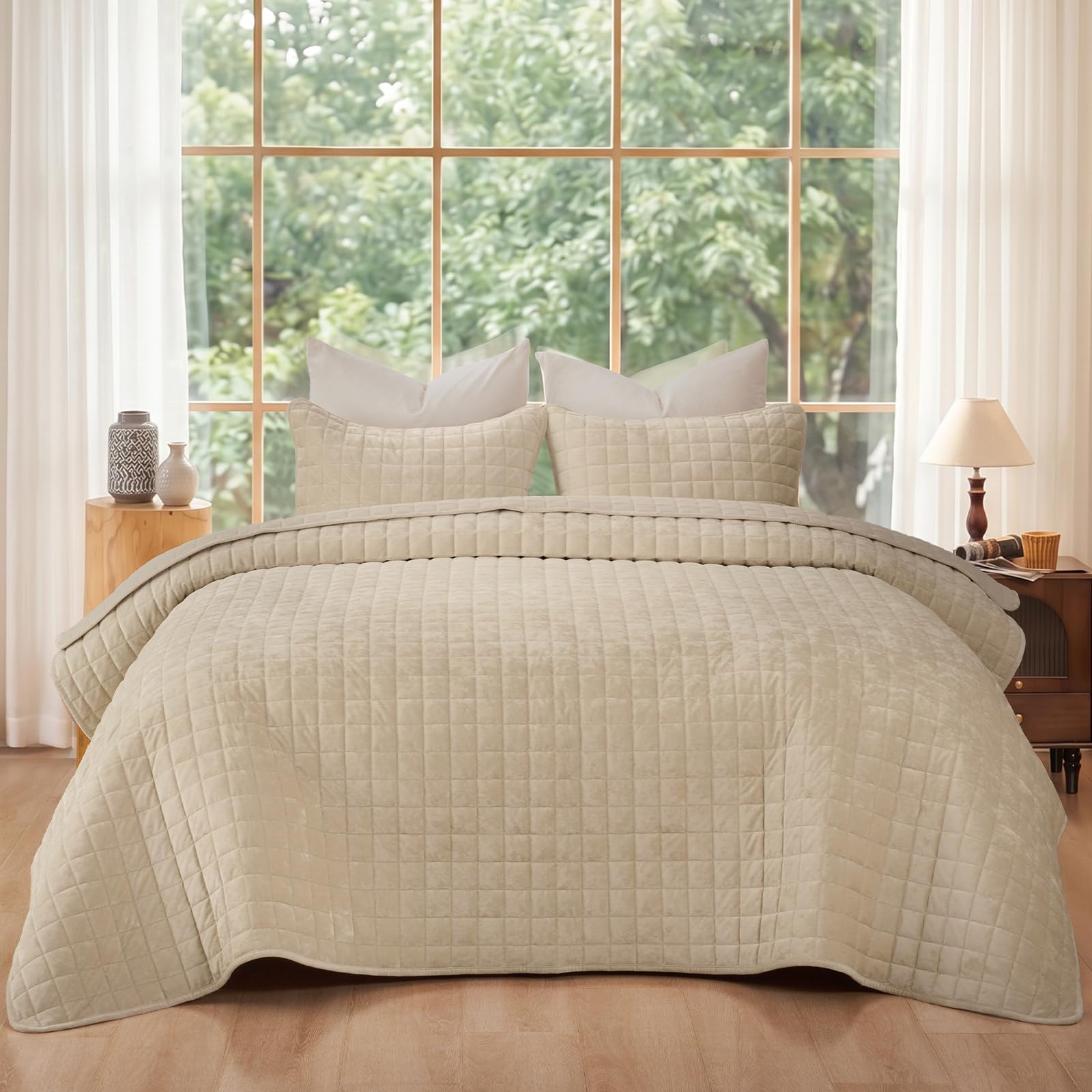 phf luxurious velvet quilt set twin size â€“ 2pcs super soft quilted comforter alternative with square-box quilt pattern, warm quilted bedspread coverlet, 68" x 92", oxford tan
