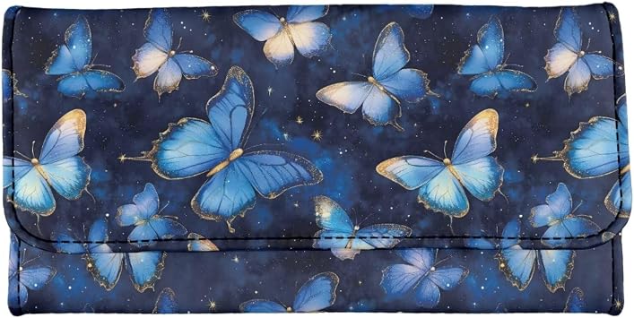 Butterfly Print Womens Wallet PU Leather Large Capacity Trifold, Blue Morpho Ladies Wallet Tall Billfold Secretary Cash Wallet